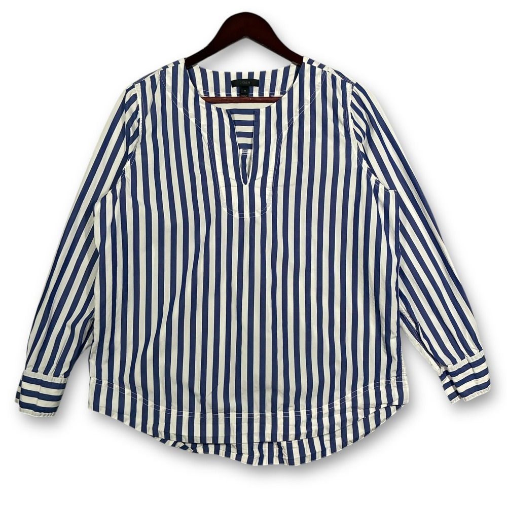 J Crew Striped Split Neck Tunic Top Long Sleeve Women Size Medium Blue‎ White